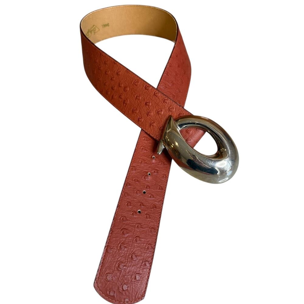 Vintage Better Belts Ostrich Embossed Statement Belt Big Silver Buckle Rose